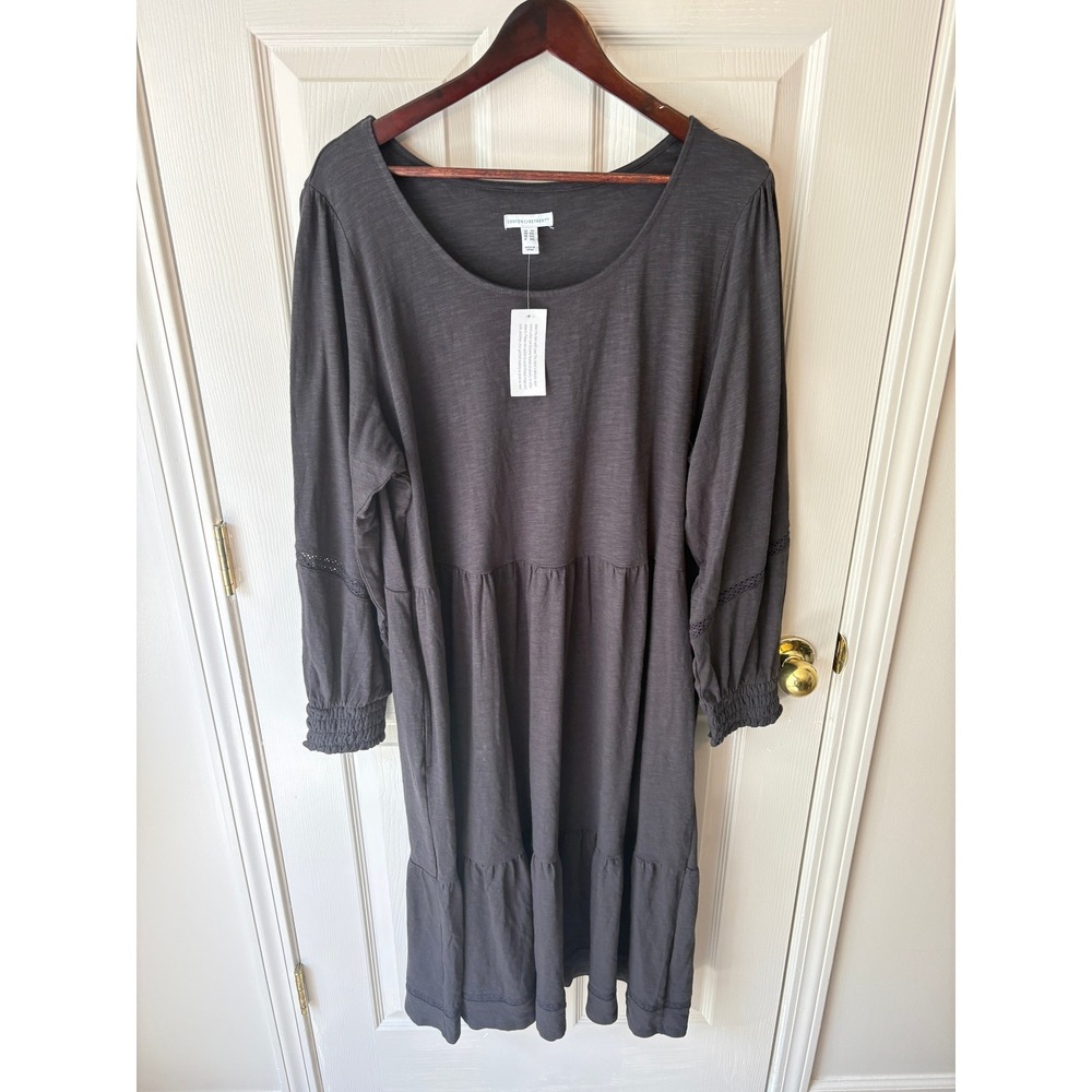 Canyon Retreat Gray Tiered Slub Knit Dress Lace Trim Smocked Cuff Plus Size 2X